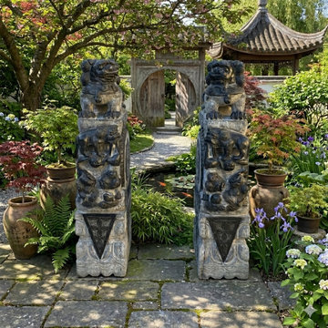 Chinese Pair Gray Stone Fengshui Foo Dogs Lions Door Block Statue cs7236