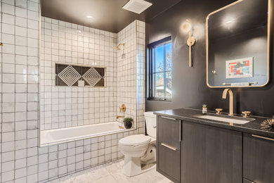 Inspiration for a small modern kids' white tile and porcelain tile porcelain tile, white floor and single-sink bathroom remodel in Denver with flat-panel cabinets, black cabinets, a two-piece toilet, black walls, an undermount sink, quartzite countertops, black countertops, a niche and a floating vanity