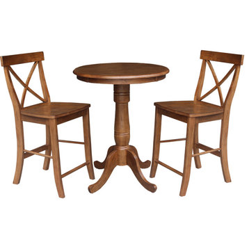 30" Round Pedestal Gathering Height Table with 2 X-Back Counter Height Stools