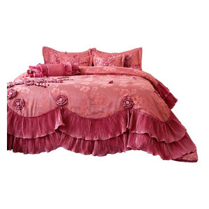 Tache Silver Rose Petals Satin Floral Ruffle Comforter Bedding Set