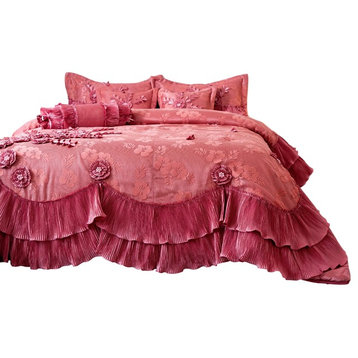 Pink Royal Dreams Faux Satin Ruffle Comforter Set, Cal King