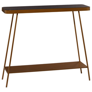 Modern Console Table, Angled Golden Frame With Lower Shelf & Black Glass Top