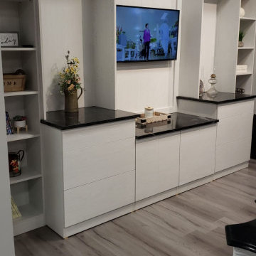 White color custom entertainment center cabinet design wide angle photo