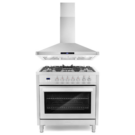 2-Piece Kitchen, 36" 240V Dual Fuel Range and 36" Wall Mount Range Hood