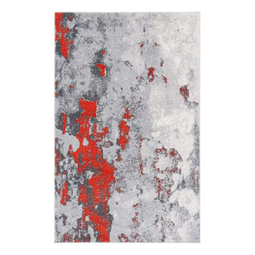 Contemporary Area Rug, Grey Background With Unique Abstract Pattern, Orange