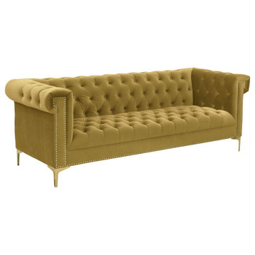 Traditional Sofa, Button Tufted Seat & Back With Velvet Upholstery, Cognac/Gold