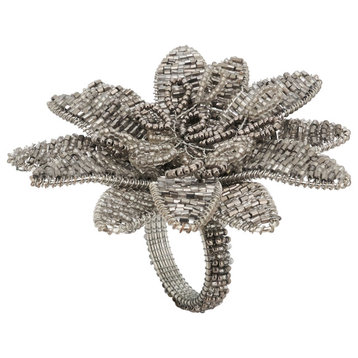Flower Design Beaded Napkin Rings (Set of 4), Silver