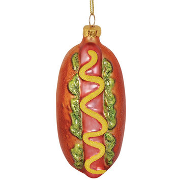 Hot Dog on Bun Relish Mustard Blown Glass Christmas Holiday Ornament Cape Shore
