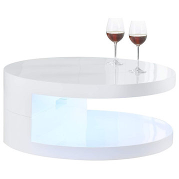 Modern Coffee Table, Lacquered Glossy White Finish & Multi Colors LED Light