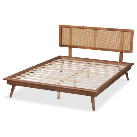 Walnut Retro Full Bed, Rubberwood Frame and Stylish Synthetic Rattan Headboard
