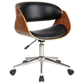 Benzara BM288151 Office Chair, 360 Swivel, Black Faux Leather and Brown Frame