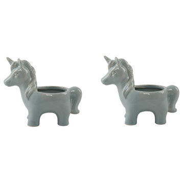 Set Of 2 Ceramic Unicorn Pot, Teal