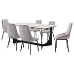 Armen Living - Esme Susie 7 Piece Dining Set With Gray Fabric Chairs - Gather friends and family for meals or game nights with the Esme Susie 7 Piece Dining Set with Gray Fabric Chairs. This set includes 1 Esme dining table and 6 Susie swivel dining chairs. The streamlined silhouette and stunning details lend a refined and sophisticated appeal to our dining room chair. Its tall, sculpted back is uplifted with an elegant channeling detail to bring a dose of style and charm to any corner. The kitchen chair is perched upon slender black metal legs to serve as an effortless and stylish fit to your home. Its tall back seamlessly widens at the bottom to support and comfortably cradle your back. Both the back and seat are generously padded to offer long-lasting comfort. Our modern dining chair can easily float from your dining and living room to your home office to offer an easy and comfy space to land. The Susie includes a 180 - degree swivel function to allow for maximum mobility and lingering conversations. Clean lines and clever details lend a sophisticated and eye-catching presence to our dining table. It features a rectangular tabletop showcasing the rich textures of Golden Jade stone. Its trestle, black metal base showcases eye-catching curves to add soft elegance to your home. Our dining table can comfortably seat up to six individuals to complement both your formal and casual meals. With a versatile styling potential, the table can serve as the perfect spot to entertain and spend leisurely time in your formal or casual dining room or kitchen. It is crafted with durable and easy-to-care material. The Esme Susie dining set is available in 5 or 7 piece set configurations and features a black metal finish with golden jade stone tabletop and gray upholstered swivel dining chairs.