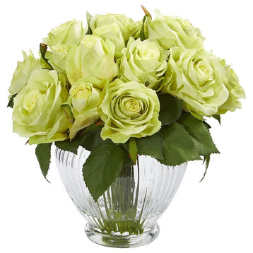 9" Rose Artificial Floral Arrangement, Elegant Glass Vase, Green