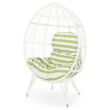 Gina Indoor Wicker Teardrop Chair With Cushion, White/Green