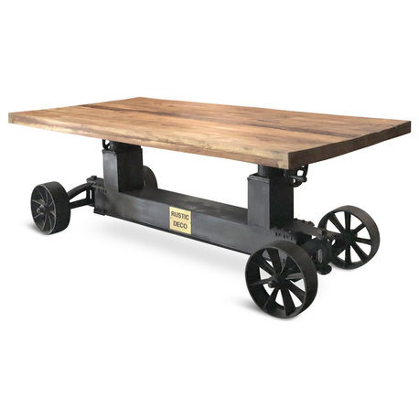 Industrial Trolley Dining Table - Iron Wheels Adjustable Crank - Natural Rustic