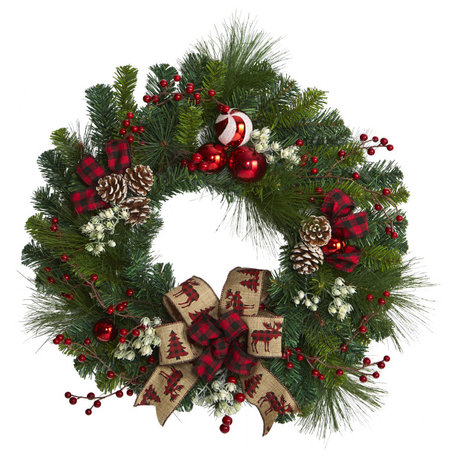 24" Christmas Pine Artificial Wreath With Pine Cones and Ornaments