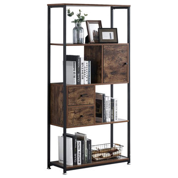 Set of 2 Industrial Bookcase, 4 Shelves With Cabinet & 2 Drawers, Rustic Brown