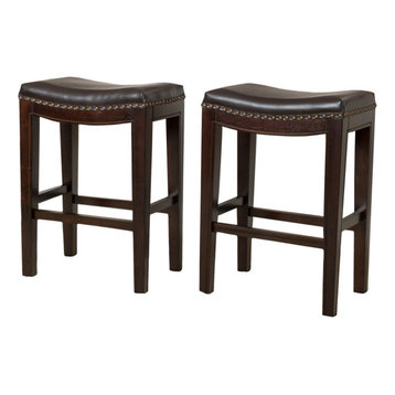 HCD-Salt3435 Pub Chair Ideal for Kitchen Island Counter Height Stool Living Room Set of 2 Brown Tan Leather Upholstered Stool Back & Footrest Barstool HCD Sallum Tan Brown Stool 
