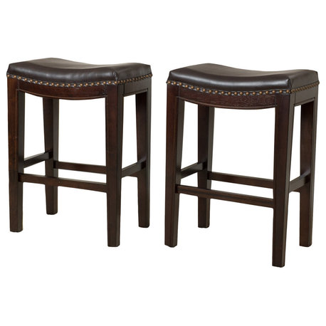 GDF Studio Jaeden Contemporary Studded Backless Stools, Set of 2, Brown Leather Counter Height