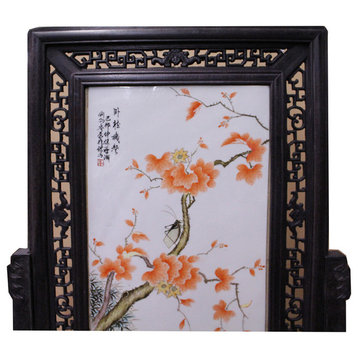 Chinese Wood Frame Porcelain Plaque Table Top Screen Display Hcs4384