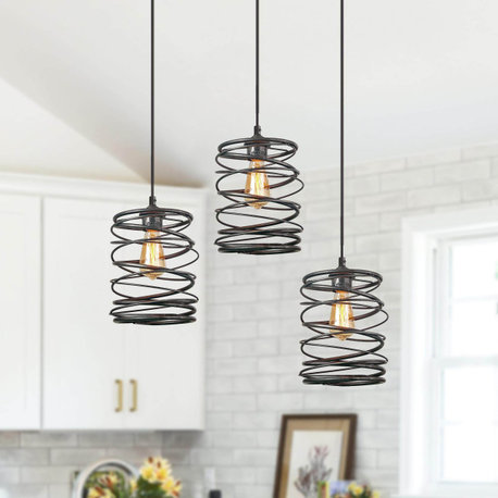 Industrial Black Spiral Cage Mini Pendant Light, Adjustable 8 in Cord Drop