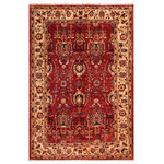 Bareens Designer Rugs - Boho Chic Ziegler Marjory Red Ivory Hand-Knotted Wool Rug - 5'2'' x 5'10'' - Enhance the ambiance of your home with this magnificent Persian-influenced Turkish hand-knotted rug made by skilled artisans capable of creating the most exceptional vegetable dyes and hand-spun wool. This exquisite handmade rug is a one-of-a-kind Peshawar Kafkaz, otherwise identified as Chobi, Chobi Peshawar, Oushak, or Ziegler rug. These handmade rugs are crafted in Pakistan utilizing superior-quality wool imported from Australia, New Zealand, and Korea in two types of weaves: the Persian weave and the Mori weave. This rug is meticulously crafted by hand using the finest natural vegetable dyes extracted from local plants. The artisans use a blend of hand-spun local and fine merino wool, resulting in a rug with a compelling texture, higher lanolin content, and longer staple. The artisans occasionally incorporate natural or artificial silk into the pile to enhance specific motifs. The finished product is an awe-inspiring execution of flawless design and an understated palette that exudes elegance.