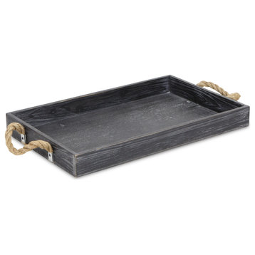 Wooden Black Finished Tray With Side Rope Handles