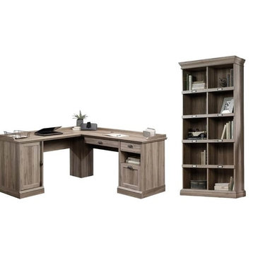 2 Piece Office Set with L Shape Computer Desk and Bookcase in Salt Oak