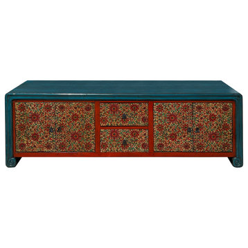 Chinese Tibetan Teal Blue Orange Floral Graphic Low TV Console Table Hcs7609