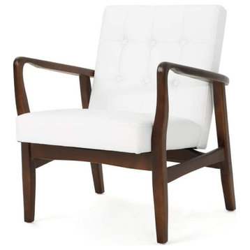 Mid Century Modern Faux Leather Club Chair with Wood Frame, White