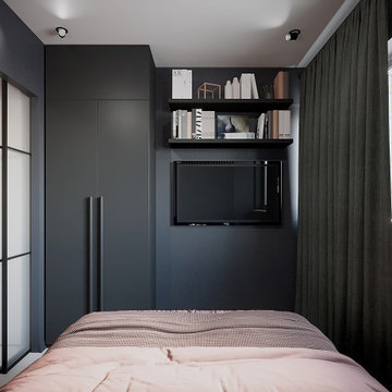 Apartment with black bedroom and bathroom