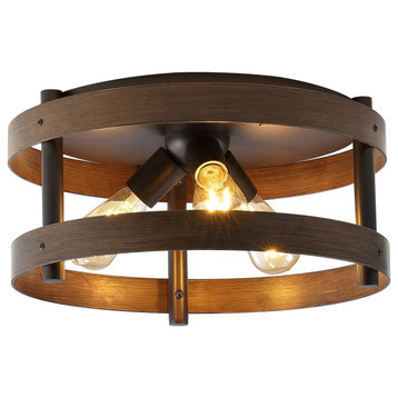 Cooper 16" 3-Light Iron LED Flush Mount, Brown Wood Finished/Oil Rubbed Bronze