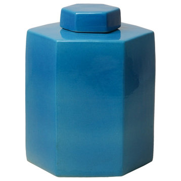 14 in. Hex Tea Cannister French Turquoise Jar