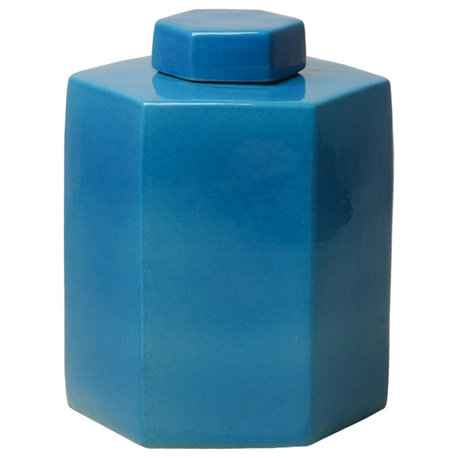 14 in. Hex Tea Cannister French Turquoise Jar