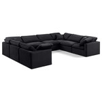 Meridian Furniture - Indulge Upholstered Modular U-Shaped Sectional, Black, 8-Piece: 4 Armless Chair, 4 Corner Chair, Down Stuffed Velvet - Experience ultimate comfort and style with our black velvet Indulge Sectional. The luxurious velvet will elevate the aesthetic of any room. This sofa provides ample space for you to relax while its modular build offers the option of unlimited configurations. Whether you're looking to add a stylish element to your living room or a comfortable seating option to your bedroom, this sofa is the perfect choice.
