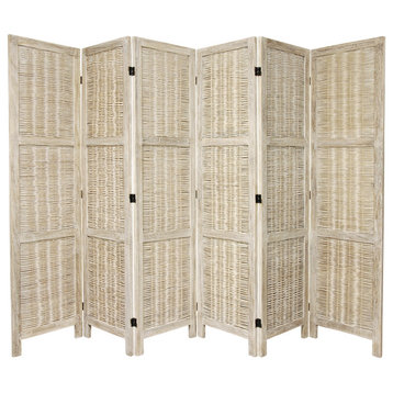 5 1/2' Tall Bamboo Matchstick Woven Room Divider, Burnt White, 6 Panel