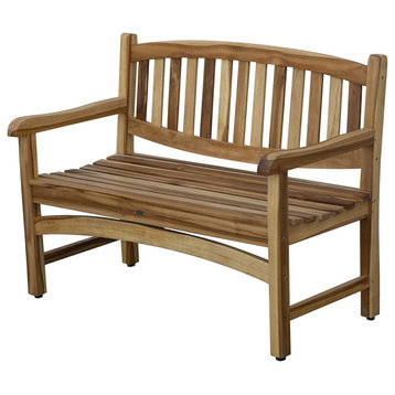 Outdoor Armed Bench, Solid Teak Wood With Slatted Open Backrest, Natural