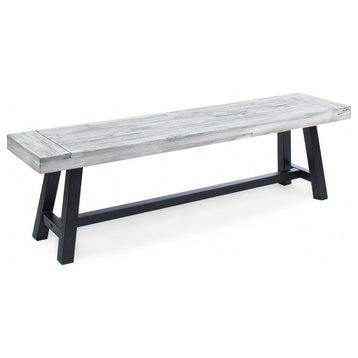 GDF Studio Angelina Outdoor Acacia Wood Dining Bench With Rustic Frame, Light Gray/Black