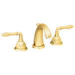 Bronces Mestre - Artica Gold double handle widespread  bathroom sink faucet. Luxury taps - Regency Style is a refined interpretation of French art and architecture from the XIV century that incorporates an aesthetic of harmony and elegance of artistic and decorative pieces.