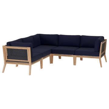 Clearwater Outdoor Patio Teak Wood 5-Piece Sectional Sofa, Gray Navy