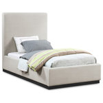 Meridian Furniture - Alfie Linen Textured Fabric Upholstered Bed, Beige, Twin - Give your bedroom a regal vibe when you add this Alfie linen textured fabric bed to the mix. The ultra tall headboard on this twin-size bed makes a bold impression from all angles and is covered in rich beige linen textured fabric that forms a pleasant contrast with the black finish solid wood base. The full flat design lets you easily use this bed without a box spring - a top mattress is all that's needed.
