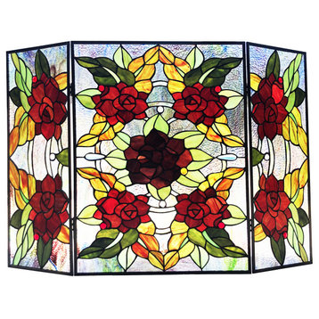 CANNA Tiffany-Style 3-Piece Folding Floral Stained Glass Fireplace Screen, 40"