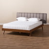 Brita Mid-Century Modern Grey Fabric Walnut Finished Wood King Size Bed