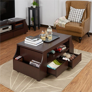 Contemporary Coffee Table, Unique Design With Magazine Holder & Open Shelves