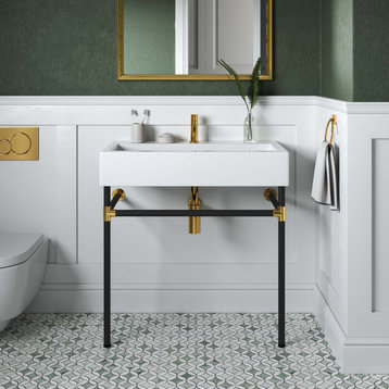 Sink Vanity, Wall Mount, White Black, Ceramic, Stainless, Modern, Bathroom