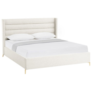 Inspired Home Alessio Bed, Upholstered,  Linen, Light Beige, King
