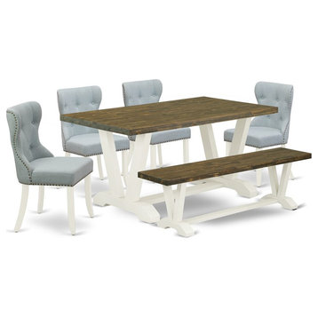 East West Furniture V-Style 6-piece Wood Dining Room Table Set in Linen White