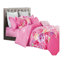 The Linen Center - Pink Petals  Twin Size 4 Piece Linen Set With Fitted Sheet - Duvet Covers And Duvet Sets