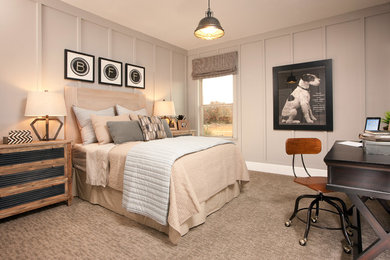 Inspiration for a mid-sized transitional kids' room for girls in Dallas with grey walls and carpet.